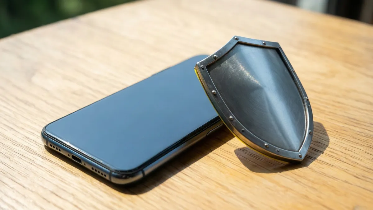 Un teléfono inteligente negro descansa sobre una mesa de madera, con un pequeño escudo metálico apoyado en su esquina superior derecha.