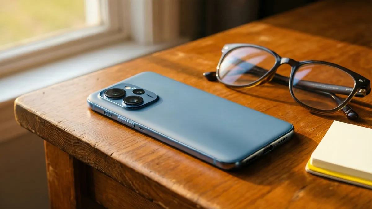 Un teléfono móvil azul descansa sobre una mesa de madera junto a unas gafas de montura oscura y un pequeño cuaderno.