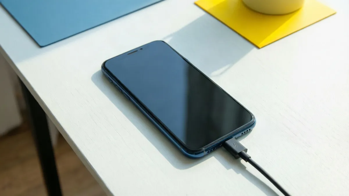 Móvil asequible con funda azul sobre una mesa clara
