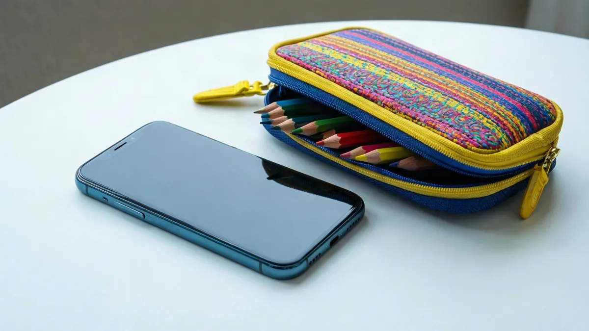 Móvil pequeño junto a un estuche infantil colorido