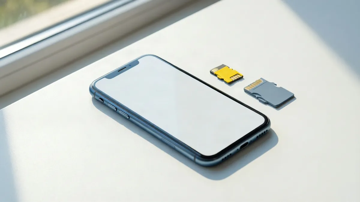 Teléfono azul con pantalla blanca junto a tarjeta SIM amarilla y tarjeta de memoria gris sobre superficie blanca iluminada.